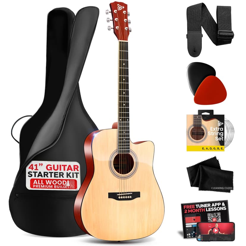 Pyle Steel String Acoustic Guitar Kit, 4/4 Full Size Cutaway All-Wood Guitarra Acustica with Premium Accessory Set and Upgraded Gig Bag, 41" Natural Glossy