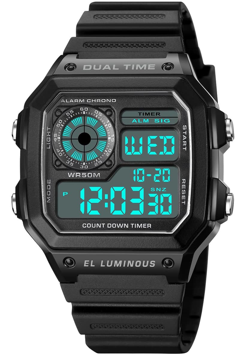 PASOY Mens Womens Sports Watch Rubber Watchband Multi-Function Alarm Stopwatch Countdown Backlight Swim Digital Waterproof Outdoor Black Watch