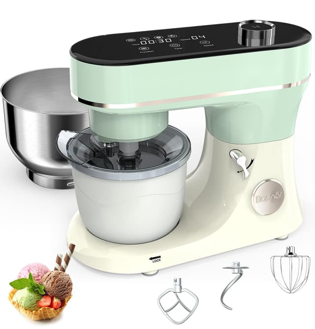 Bonnor Stand Mixer Set, 6QT Kitchen Mixer with LED Touchscreen, 11-Speed Tilt-Head Mixer with Timer, 4 Preset Menus, Stainless Steel Bowl, Dough Hook, Whisk, Beater,Plus 2QT Ice Cream Maker Attachment