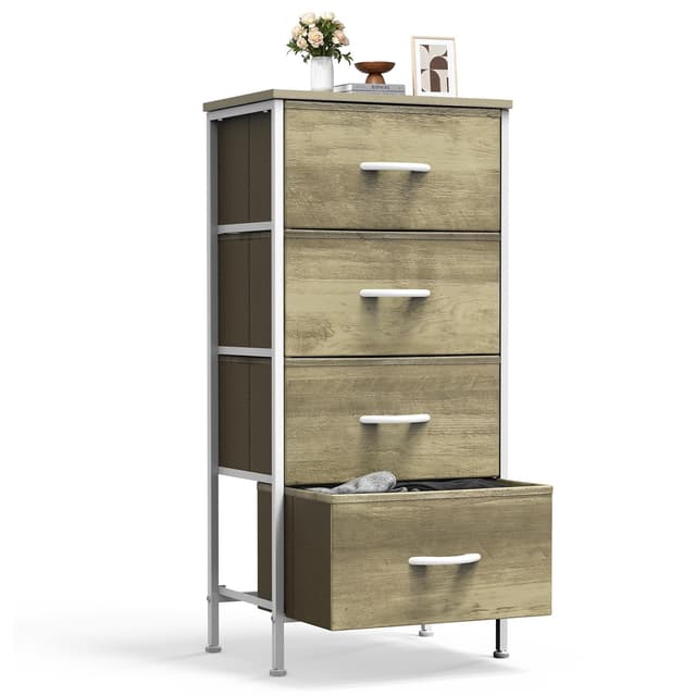 Sweetcrispy Nightstand Small Bedroom Dresser with 4 Fabric Drawers,Bed Side Furniture End Table,Wooden Top Cabinet Night Stand Dresser for Closet,Entryway,Dorm,Oak Greige