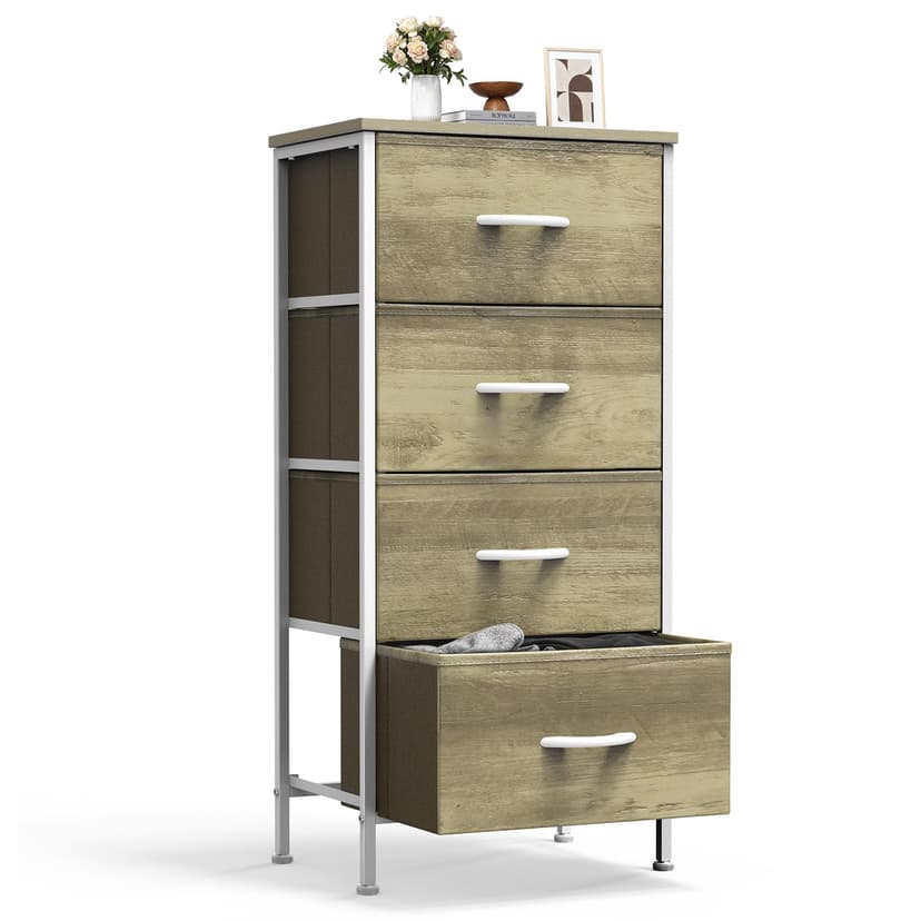 Sweetcrispy Nightstand Small Bedroom Dresser with 4 Fabric Drawers,Bed Side Furniture End Table,Wooden Top Cabinet Night Stand Dresser for Closet,Entryway,Dorm,Oak Greige