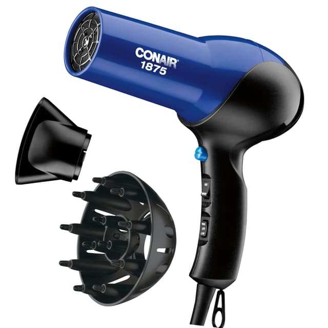 Conair Hair Dryer, 1875W Turbo Blow Dryer with Tourmaline Coating and Ionic Conditioning, Includes Diffuser and Concentrator Attachments, 2 Heat & 2 Speed Settings, Blue/Black