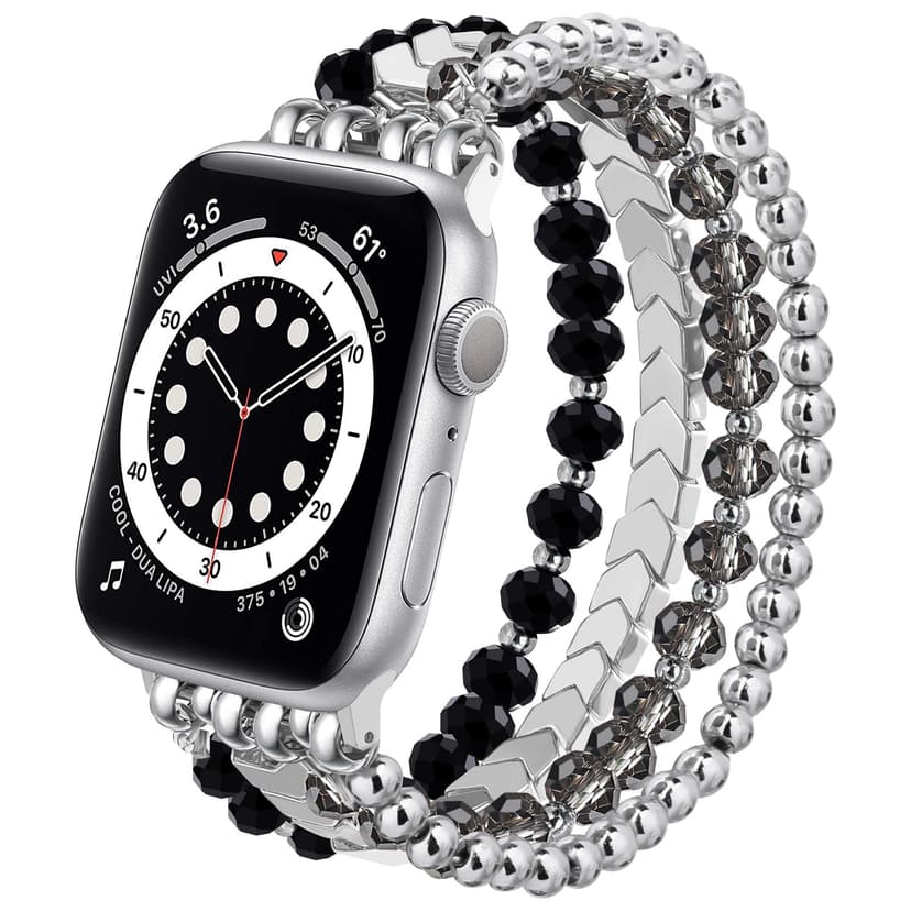 MOFREE Beaded Bracelet Compatible with Apple Watch Band Series 11/10/9/8/7, Fashion Stretch Women Bands for iWatch Series SE/6/5/4/3/2/1 iPhone Watch Strap Bands 42/44/45/49/46mm (Black/Silver)