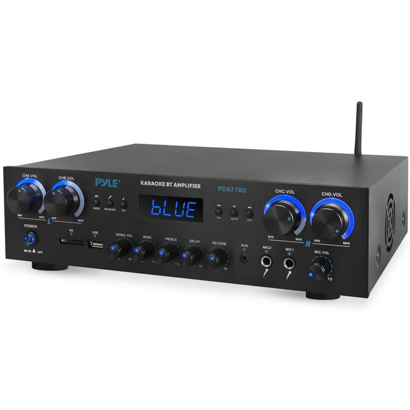 Pyle Bluetooth Home Stereo Amplifier Receiver - 4 Channel, 800 Watt Karaoke Sound System w/ MP3,USB,SD,AUX,RCA,FM,MIC, Headphone, Reverb + Delay, LED Vol, for Home, Studio, Theater Speakers - PDA77BU