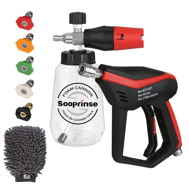 Sooprinse Short Pressure Washer Gun with Foam Cannon, Foam Cannon for Pressure Washer, 1/4 Inch Quick Connector, 5 Nozzle Tips with Car Wash Mitt, 1 Liter
