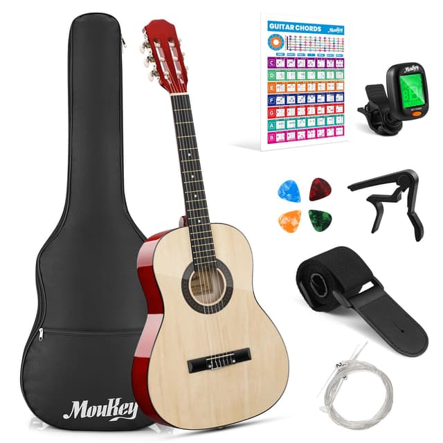 Moukey 36 Inch Acoustic Guitar for Beginners Kids Youth 3/4 Size Dreadnought Travel Guitarra Acustica Kit with Chord Poster, Gig Bag, Tuner, Picks, Nylon Strings, Capo, Strap - Natural