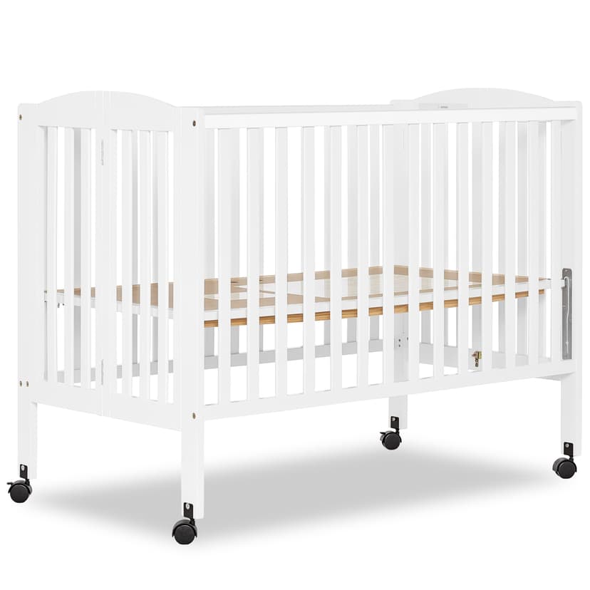 Dream On Me Full-Size 2-in-1 Folding Baby Crib in White, GreenGuard Gold & BSA, Portable, Patented Quick Folding System, Strong Wheels, 2 Adjustable Mattress Heights