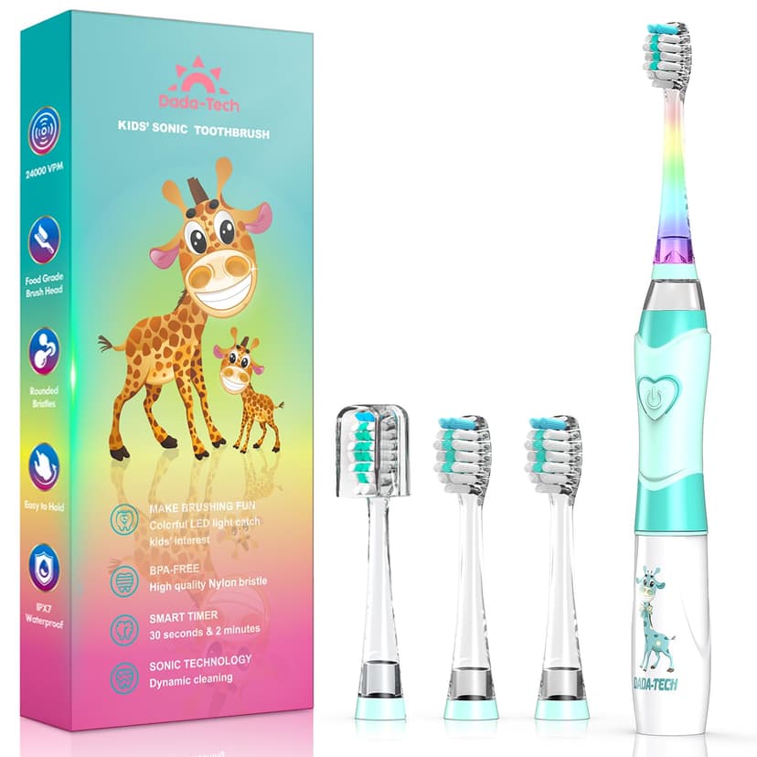 Kids Electric Toothbrush Toddler Toothbrush Age 2-4-8-12 Electric Toothbrush Kids with Timer Rainbow LED Light Up Vibrating Toothbrush Battery Operated Childrens Sonic Tooth Brush (Green Giraffe)
