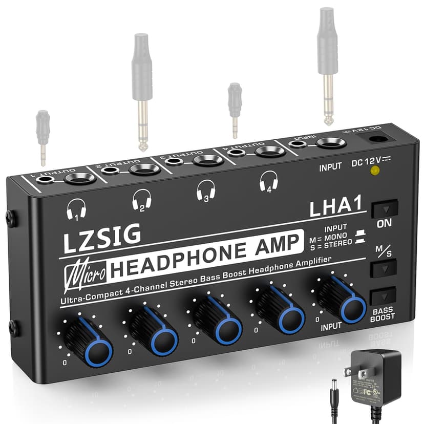 LZSIG Headphone Amplifier 4 Channel, Metal Stereo Audio Amplifier with Bass Boost, Mini Earphone Splitter with Power Adapter, 1/4" & 1/8" TRS Headphones Output & TRS Audio Input, DC 12V
