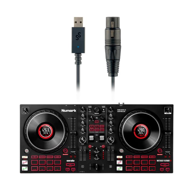 DJ Controller & DMX Bundle - 4 Deck DJ Set with Capacitive Touch Jog Wheels & Audio Interface - Numark Mixtrack Platinum FX & SoundSwitch DMX Interface