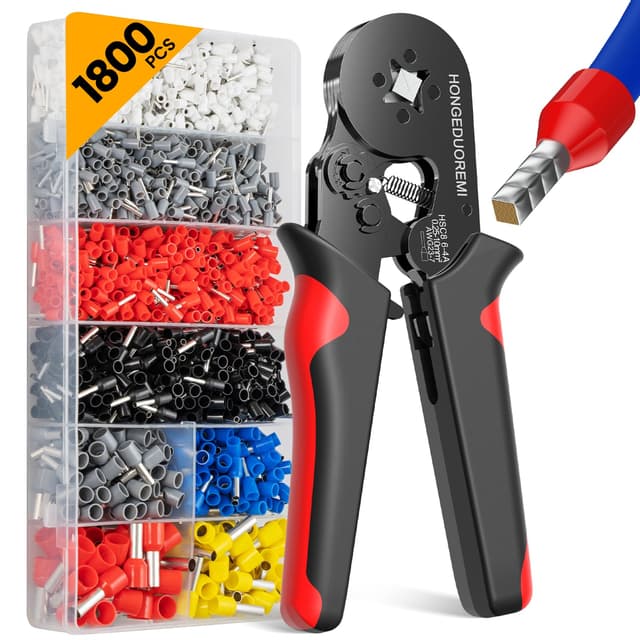 Ferrule Crimping Tool Kit,Wire Ferrule Kit Crimper Connectors，4 corners Self-adjustable AWG23-7 gauge 1800PCS Ferrules Electrical Terminal，Crimpers Tools Pin Terminals Ratchet Pliers for Audio,Car,DIY