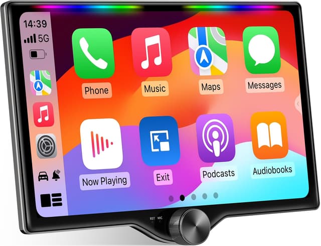 Kissound 10.1" QLED Double Din Car Stereo with Wireless Carplay & Android Auto, Music Sync Luminous Bar, SWC, Bluetooth, Backup Camera, 240W, Dual Subwoofer Output, Car Radio, Navigation, FM/AM