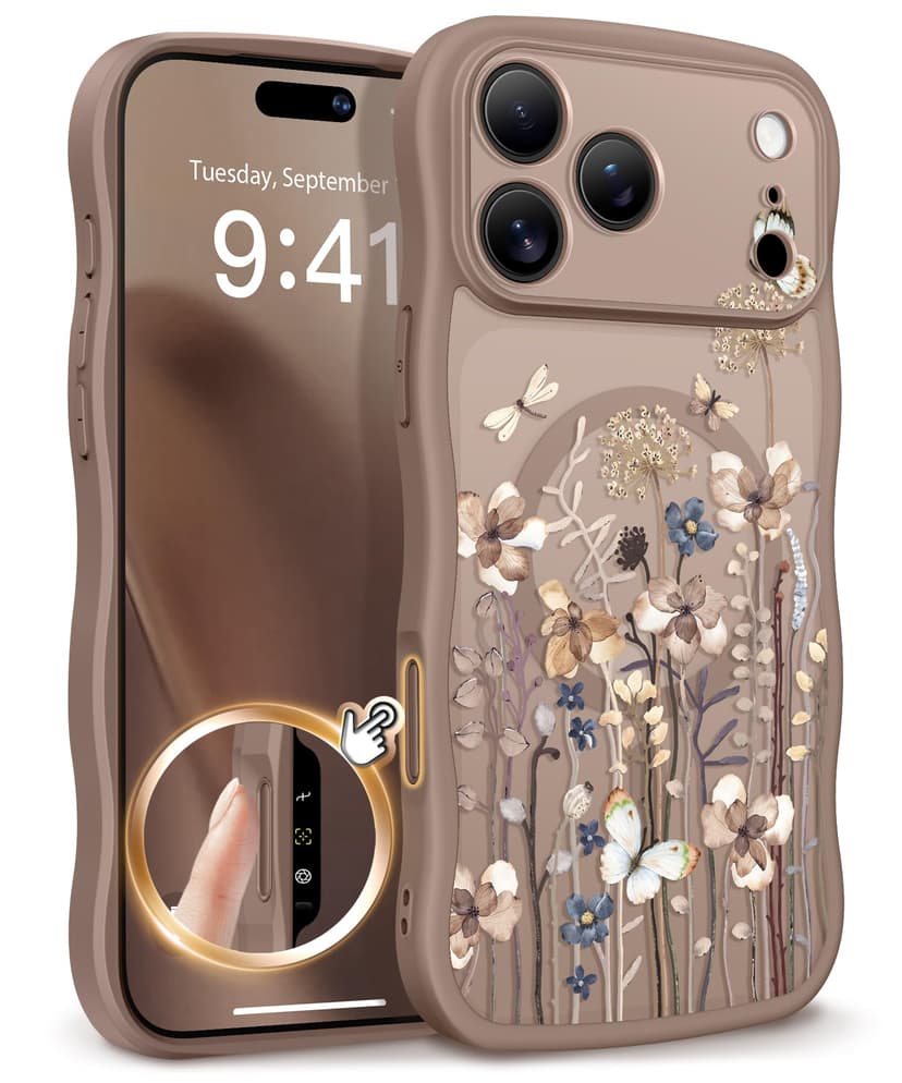 GVIEWIN for iPhone 17 Pro Max Case Compatible with MagSafe [Curly Wave Edge][Full Camera Protection] Floral Translucent Shockproof Magnetic Women Phone Case for 17 Pro Max, Autumnflit/Brown