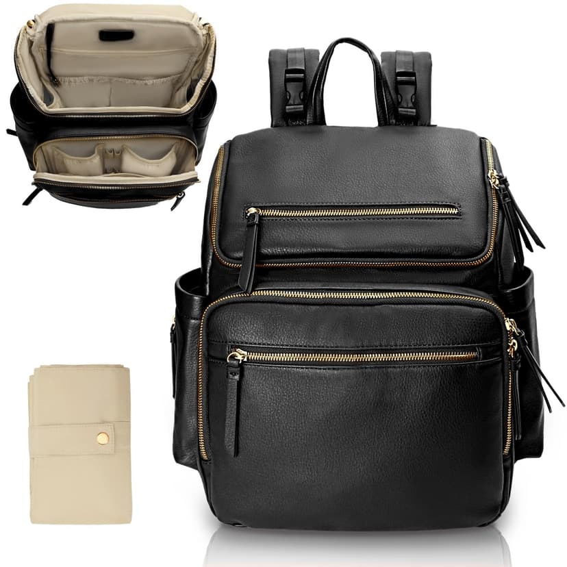 Omanmoli Diaper Bag Backpack Baby Diaper Bag Leather with 17 Diaper Bag Organizing Pouches,Changing Pad,Stroller Straps,4 Insulated Pockets,Black
