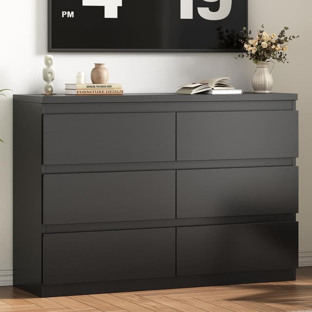 Jocoevol Modern Black 6 Drawer Dresser - Simply Chest of Drawers for Bedroom, Closet, Living Room, Hallway, Entryway, Wood Storage Double Dresser with Smooth Metal Rails - Black