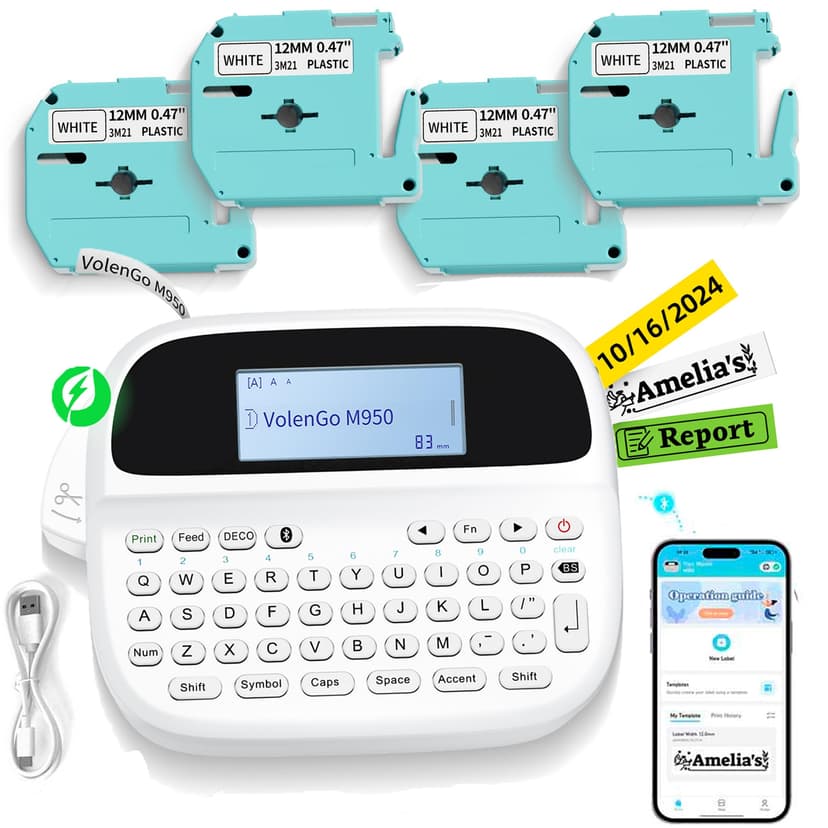 Label Maker Machine with 4 Tapes, Rechargeable Backlit Labeler for 12mm 0.47 White Waterproof-Labels, Bluetooth Label Printer Replacement for Brother Ptouch Label Maker Machine, for Office Home School