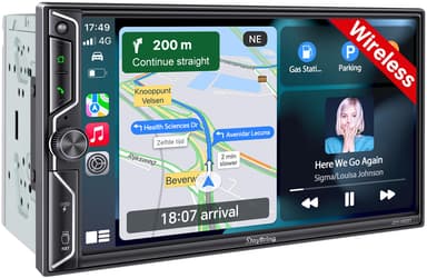 [QLED Screen Upgrade] 7" Double Din Car Stereo with Wireless Apple CarPlay and Android Auto, 240W Powerful Sound, 4.2-Channel Audio Output, Bluetooth, MirrorLink, Backup Camera, AM/FM Car Radio