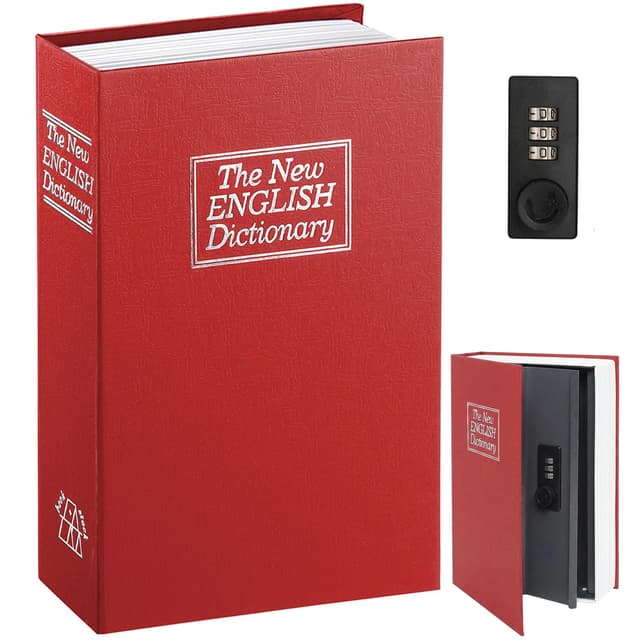 Decaller Book Safe with Combination Lock, Diversion Hidden Secret Metal Lock Box for Home Security, Money & Jewelry, 9.5" x 6.2" x 2.2", Dictionary Red