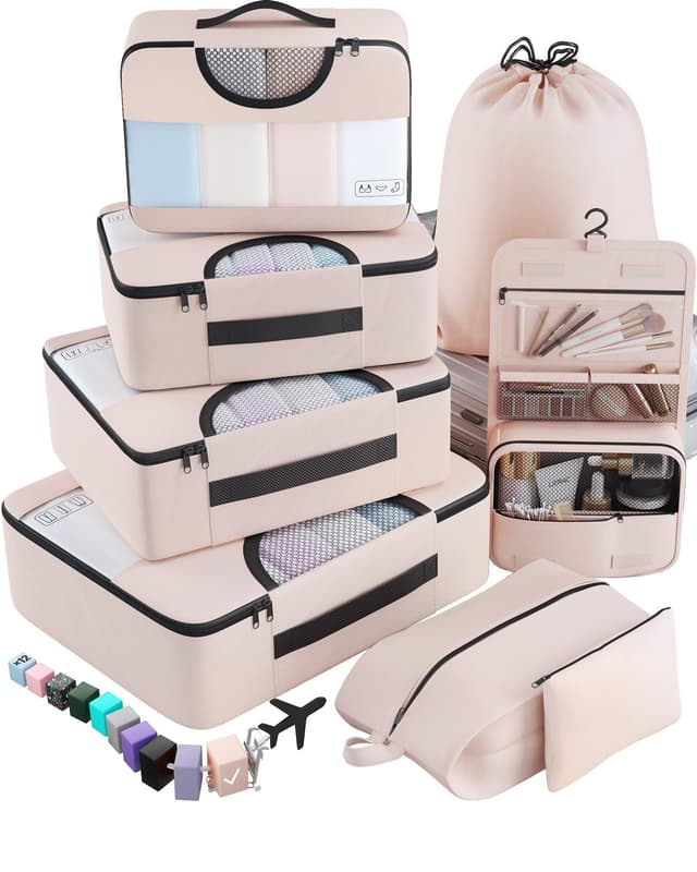 8 Set Packing Cubes for Luggage,Suitcase Organizer in 4 Sizes with Hanging Toiletry Bag and Large Laundry Bag, Carry-On Luggage with Accessories Bag, Cream