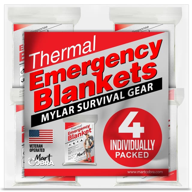 Emergency Blanket 4-Pack Space Mylar Blankets Survival Gear and Supplies Reusable Thermal Camping Hunting Essentials First Aid Car Backpacking Marathon Kit Prepper Go Rave Bug Out Bag Foil Cold Winter