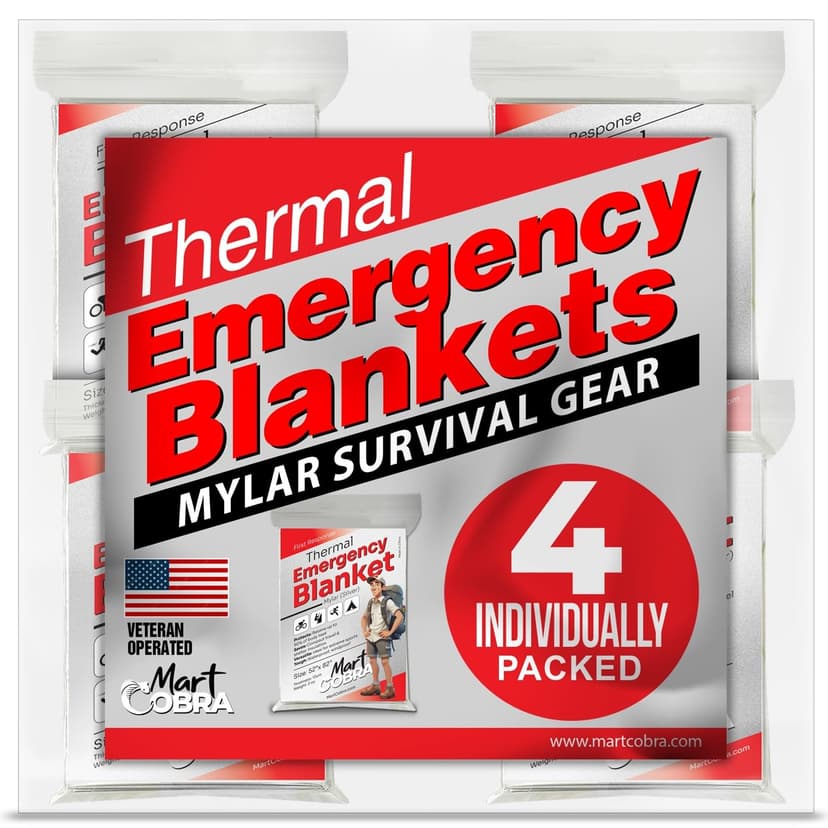 Emergency Blanket 4-Pack Space Mylar Blankets Survival Gear and Supplies Reusable Thermal Camping Hunting Essentials First Aid Car Backpacking Marathon Kit Prepper Go Rave Bug Out Bag Foil Cold Winter
