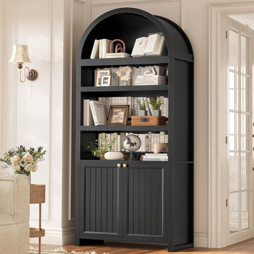 81" Tall Arched Cabinets,Bookcase with storage,Mid-Century Modern 6-Tier Bookshelf with Door,2 Book Risers and Adjustable Shelves offering more storage space for Living Room,Kitchen,Home Office,Black