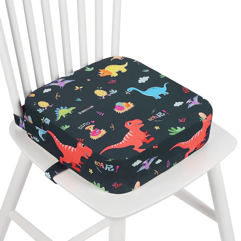 wooshwa Toddler Booster Seat for Dining Table, Kids Booster Seat for Kitchen Chair with Non-Slip Bottom, Portable Detachable Washable Increasing Cushion with 2 Adjustable Straps (Dinosaur)