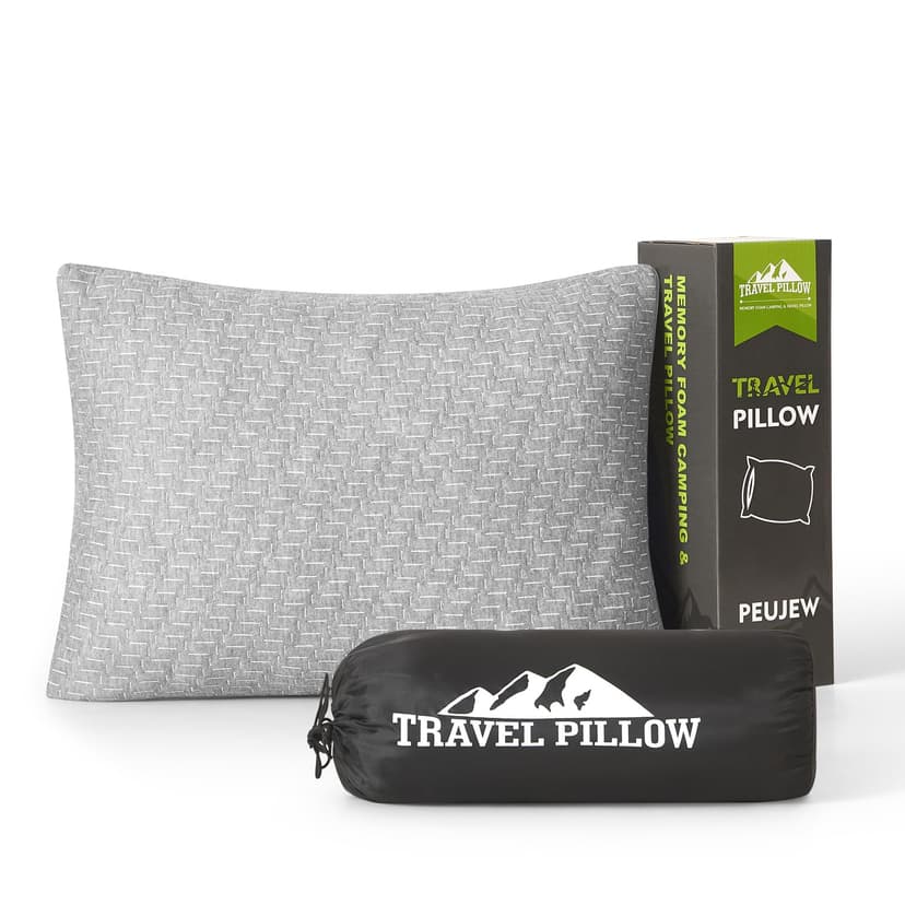 PEUJEW Camping Pillow Shredded Memory Foam Pillow, Compressible Travel Pillow Breathable Cover, Ideal Backpacking Airplane Hiking