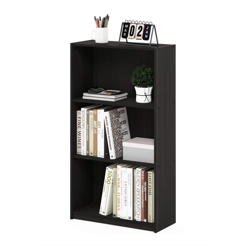 Furinno BASIC Book Shelf, 3-Tier Bookshelf with Open Shelves, Standing Bookcase, 9.3" x 21.8" x 39.5", for Organization and Storage, for Living Room, Bedroom, Home Office, Espresso