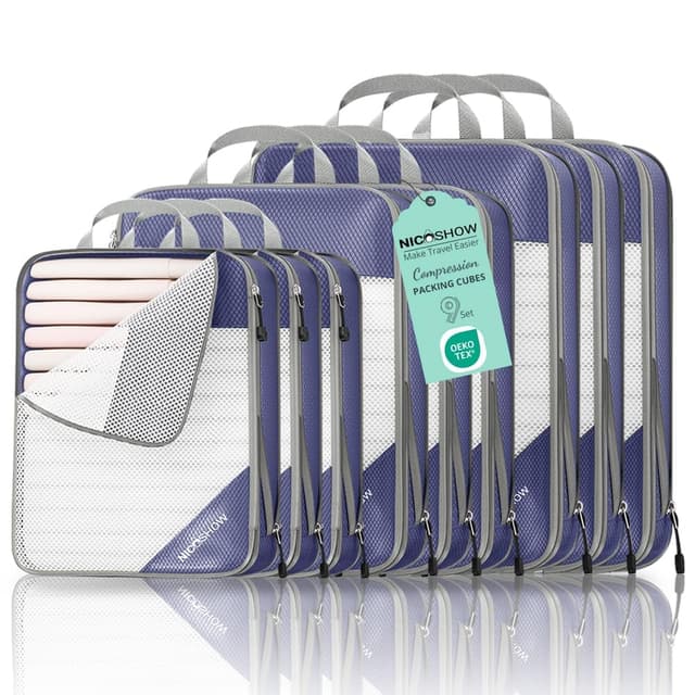 9 Set Compression Packing Cubes for Travel - Compressible, Lightweight, and Space-Saving Packing Cubes, Travel Essentials for Women, Bluish Purple