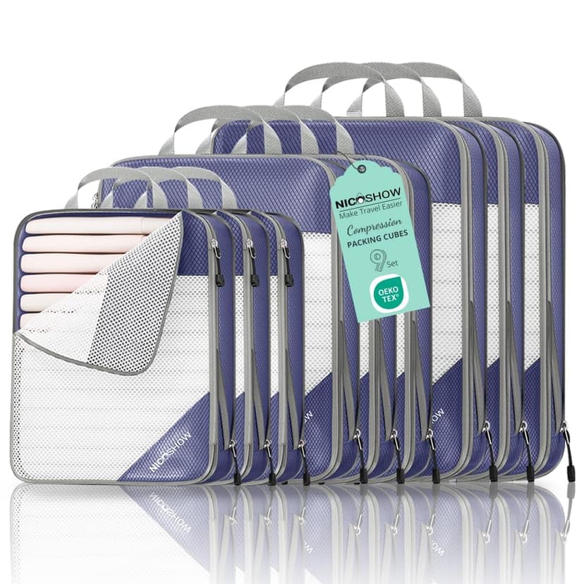 9 Set Compression Packing Cubes for Travel - Compressible, Lightweight, and Space-Saving Packing Cubes, Travel Essentials for Women, Bluish Purple