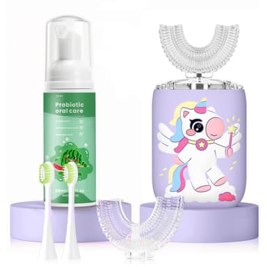 ELOTAME Kids Electric U Shaped Toothbrush, Kids Unicorn Sonic Automatic Toothbrush with 4 Soft Brush Heads with Toothpaste - (Age 2-15, Purple)
