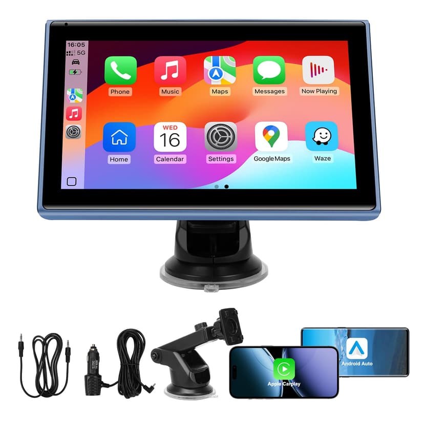 7" Portable Wireless CarPlay Screen for Car – Apple CarPlay & Android Auto, HD Touch Screen Car Stereo, Bluetooth, GPS Navigation, Voice Control, Plug-and-Play with FM/AUX/Mirror Link (Blue)