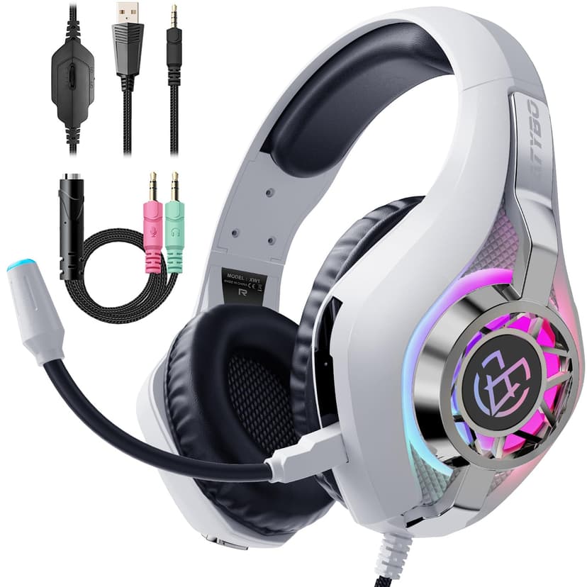 Tatybo Gaming Headset for Ps5 Ps4 Switch Xbox PC with RGB Light, White Gaming Headphones Noise Canceling Mic & Surround Sound