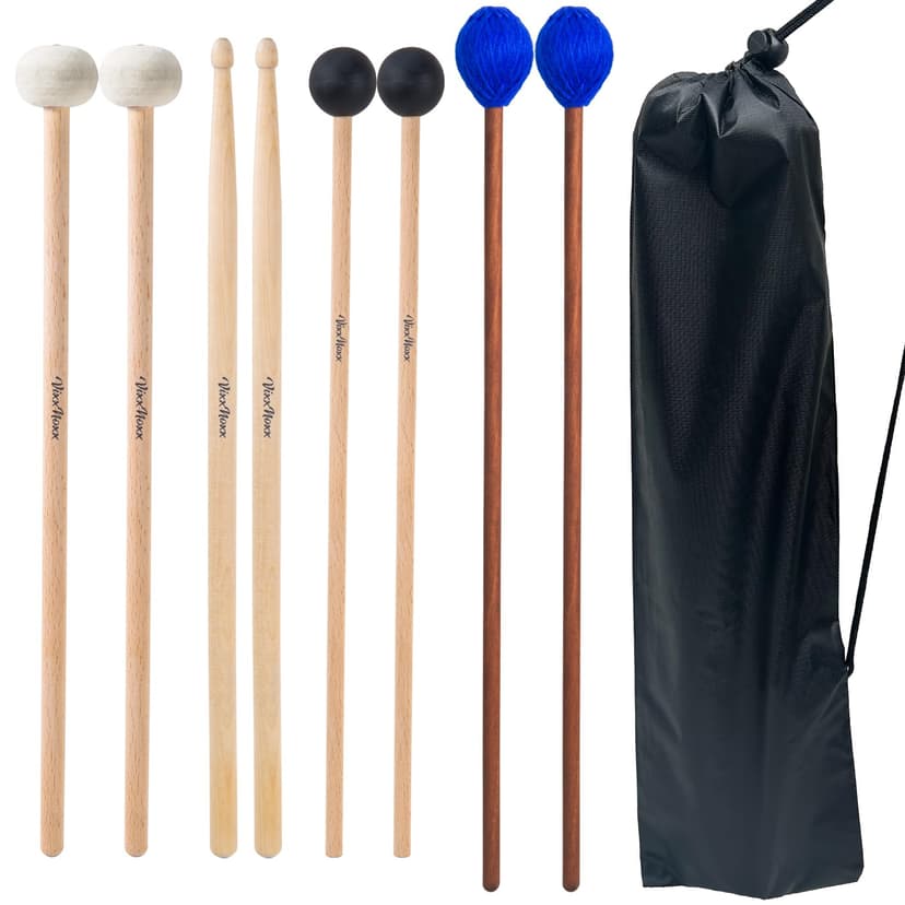 VixxNoxx Drum Mallets Kit – 4 Pairs (Felt Timpani, Rubber, Marimba, 5A) Drumsticks with Bag, Percussion Instrument Beginner Accessories for Steel Drum, Bass Drum, Glockenspiel, Xylophone Mallet
