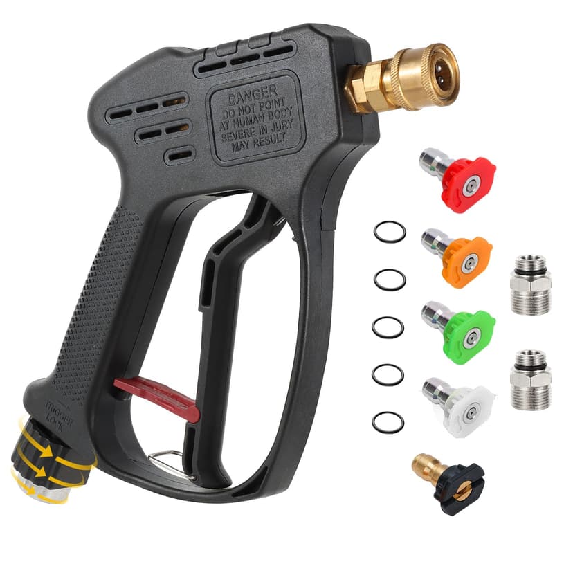 Short Pressure Washer Gun, 5000 PSI Max Swivel High Pressure Washer Extension Wand with 5 nozzles, M22 14MM Swivel Connect & M22 15MM, Car Wash Kit Power Washer Gun for Cars, Driveway, Yard, Fence