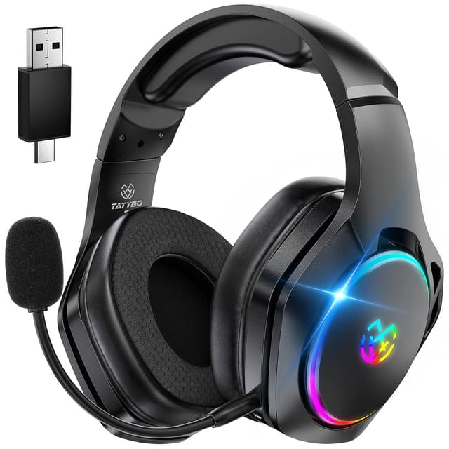 Tatybo Wireless Gaming Headsets for Ps5 Ps4 PC, 2.4GHz USB & Type-C Gaming Headphones, 40H+ Hrs & 7.1 Surround Sound with Noise Canceling Microphone for Switch Phone