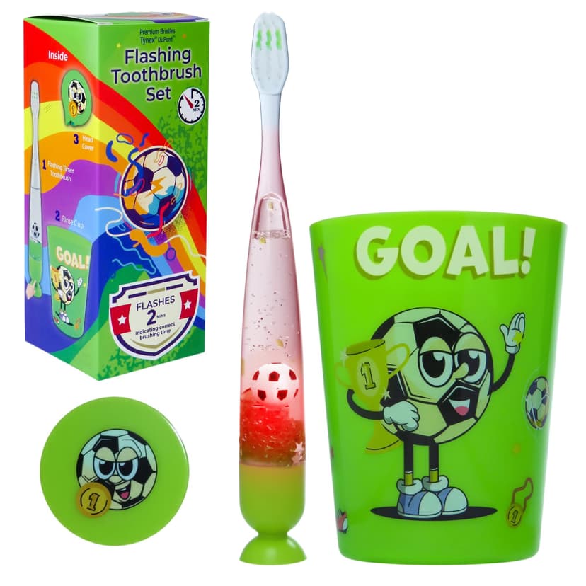 Lily's Home Kids Toothbrush with Flashing Timer and Soft Bristles, Rinsing Cup & Cover - Fun 2-Min Light-Up Brushing for Children - Toddler Soft Toothbrush Kit (Football)