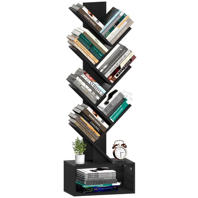 Yoobure Tree Bookshelf, 6 Tier Small Book Shelf Retro Floor Standing Bookcase, Wood Book Storage Organizer Rack, Tall Narrow Bookshelves for Corner/Bedroom/Living Room/Home Office, Black