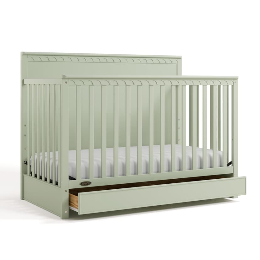 Graco Sasha 5-in-1 Convertible Crib with Drawer (Sage) – GREENGUARD Gold Certified Wood Crib, Converts to Toddler Bed, Daybed, Full-Size Bed, Stylish Classic Design