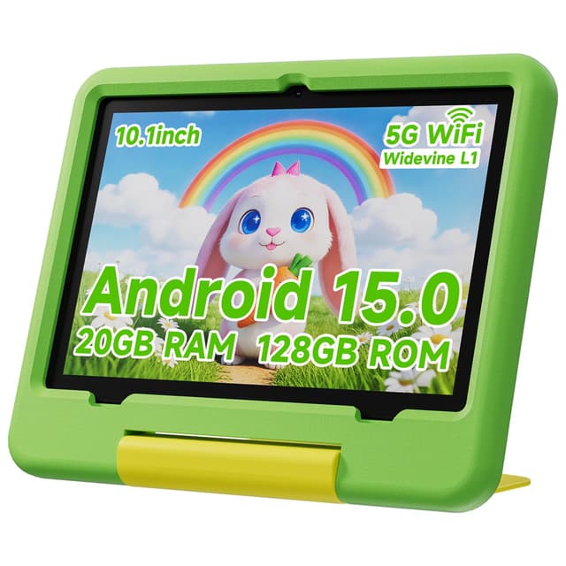 PEICHENG Tablet for Kids with EVA Protective Case, Android 15.0 Toddler Tab PC 10.1Inch RAM 20GB(4+16Expand) + ROM 128GB IPS 800 * 1280 5.0Bluetooth (Green)