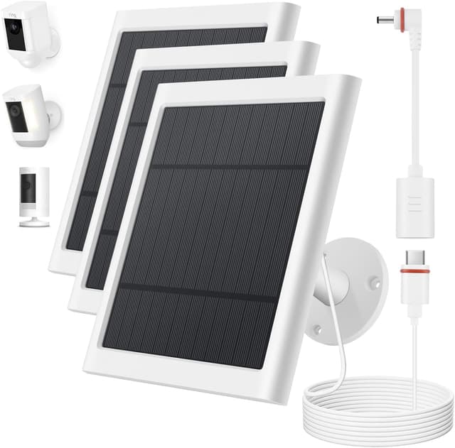 IP65 Solar Panel for Rings Camera White 3pack 4W Solar Charger Compatible with Rings Spotlight &Stick Up Outdoor Cam Battery, 10ft Long Cable with USB-C to Ring Barrel Plug Adapter