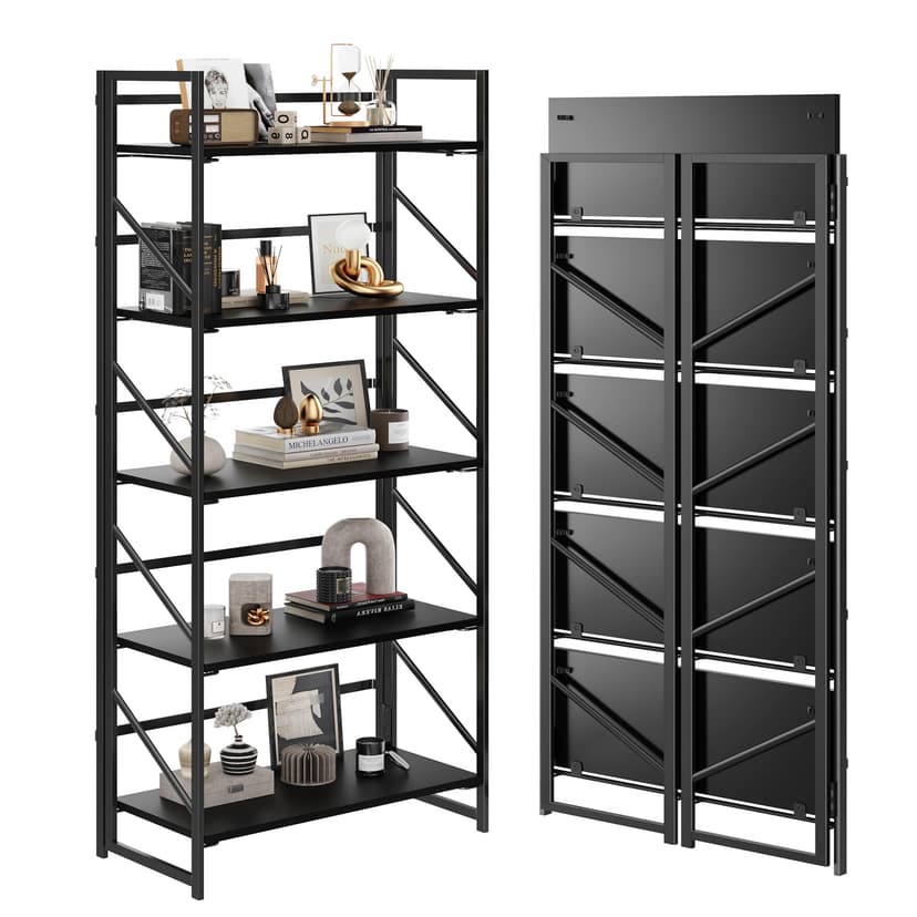 JSB No Assembly Folding Bookshelf, 5 Tier Industrial Metal Book Shelf for Storage, Vintage Wood Foldable Bookcase for Living Room, Bedroom, Office Organization Shelves