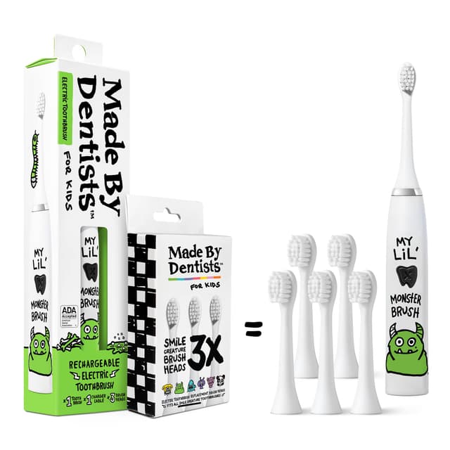Made by Dentists Kids Electric Toothbrush - Rechargeable Vibrating Toothbrush with Timer, Includes 6 Replacement Heads, Gently Cleans Teeth, Kid & Toddlers Age 2+, Monster