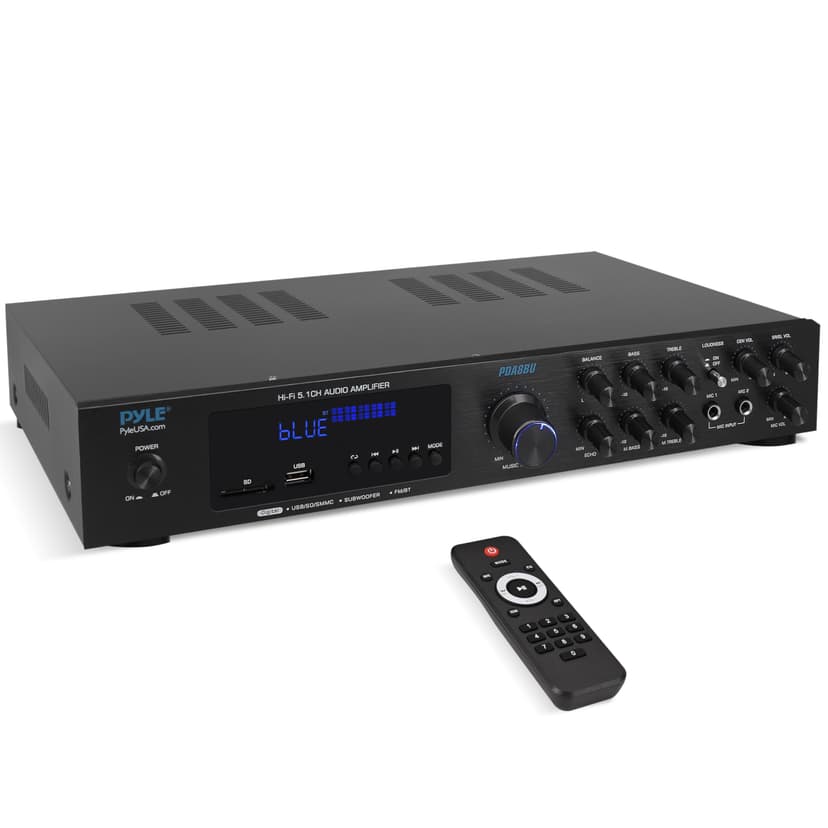 Pyle Bluetooth 5.1 Amplifier - Home Audio / Theater / Karaoke Receiver with 5 Channels and Subwoofer Out - 2 Mic Inputs w/ Echo, USB-A / SD Reader with MP3 Player, RCA In - PDA8BU