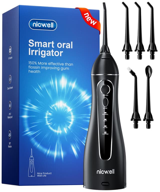 Nicwell Cordless Water Flosser - 4 Modes Rechargeable Oral Irrigator IPX7 Waterproof with 5 Tips for Deep Cleaning