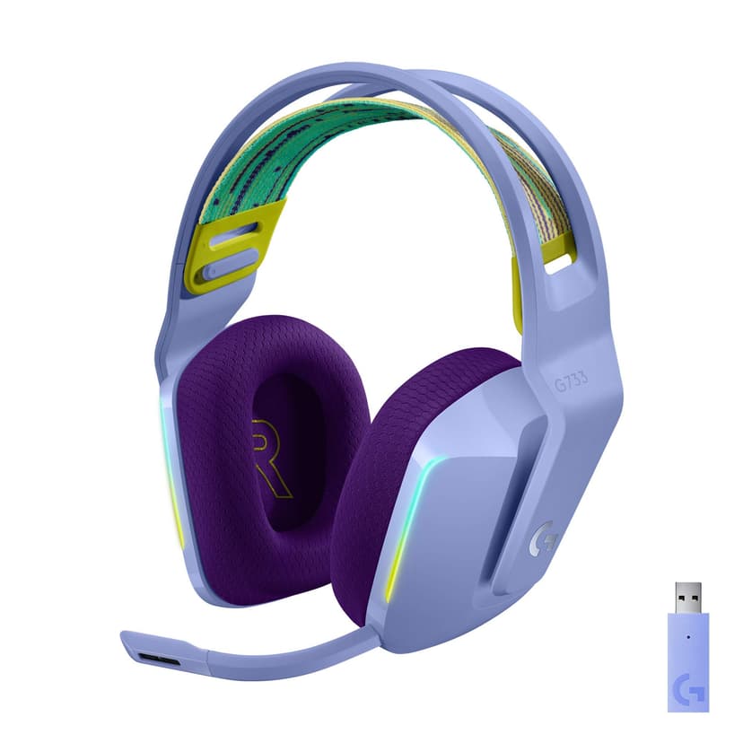 Logitech G733 Lightspeed Wireless Gaming Headset with Suspension Headband, LIGHTSYNC RGB, Blue VO!CE mic Technology and PRO-G Audio Drivers - Lilac