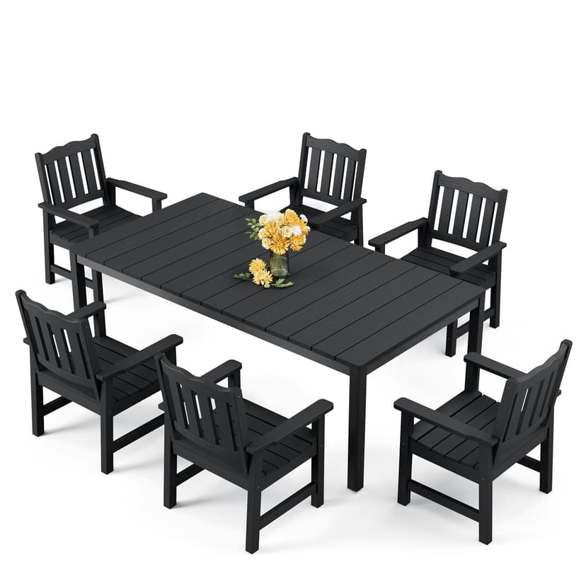 Stoog 7 Pieces Patio Dining Sets, All-Weather HIPS & Aluminum Outdoor Dining Table with Umbrella Hole, Patio Furniture Set Include 1 Table and 6 Chairs, for Backyard, Garden and Deck, Black