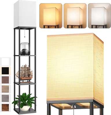 Floor Lamp with Shelves for Living Room, Shelf Floor Lamp with 3 CCT LED Bulb, Corner Display Standing Column Lamp Etagere Organizer Tower Nightstand with White Linen Shade for Bedroom, Office