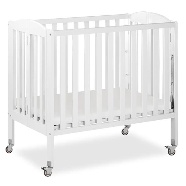 Dream On Me 3-in-1 Portable Folding Stationary Side Mini Baby Crib in White & Mattress, GreenGuard Gold & JPMA, Use as Changer & Playpen, Locking Wheels, 3 Mattress Heights, Extra Firm Mattress
